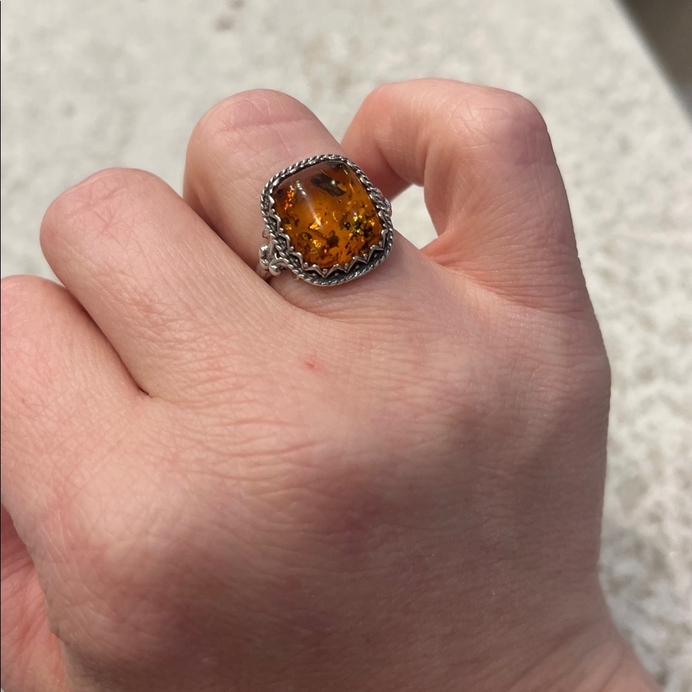 Vintage Sterling Silver Amber Ring